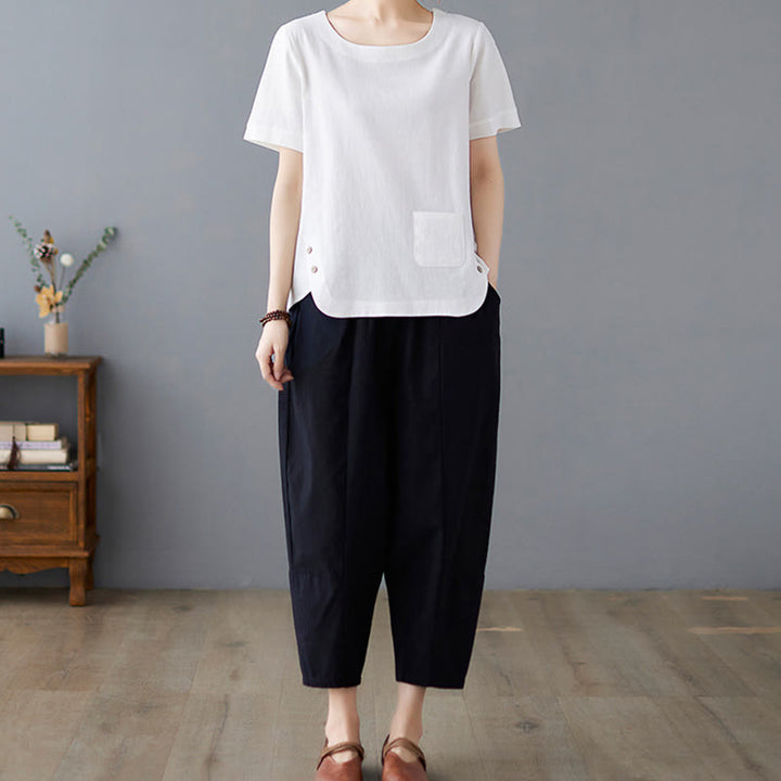 Buddha Stones Side Slit Design Women's Cotton Linen Crew Neck Short Sleeve T-Shirt Wtih Pocket - image 16