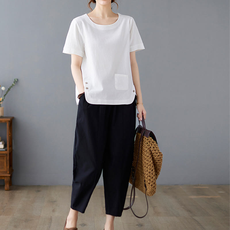 Buddha Stones Side Slit Design Women's Cotton Polyester Crew Neck Short Sleeve T-Shirt Wtih Pocket - image 17