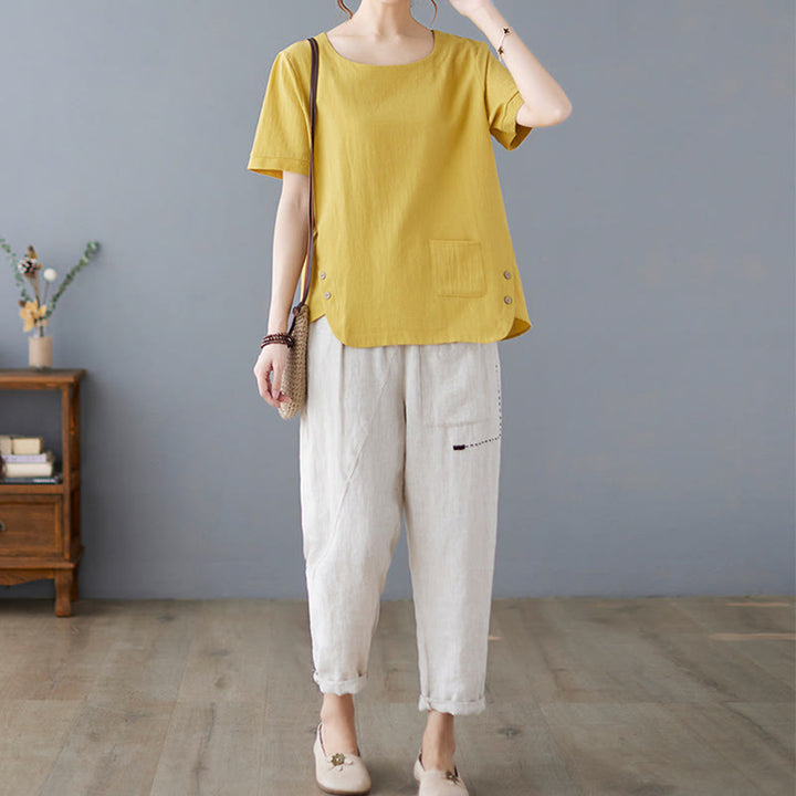 Buddha Stones Side Slit Design Women's Cotton Polyester Crew Neck Short Sleeve T-Shirt Wtih Pocket - image 7