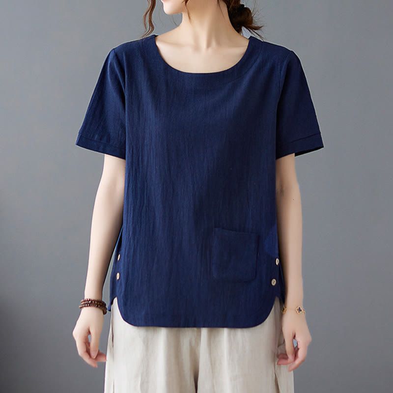 Buddha Stones Side Slit Design Women's Cotton Linen Crew Neck Short Sleeve T-Shirt Wtih Pocket - image 21