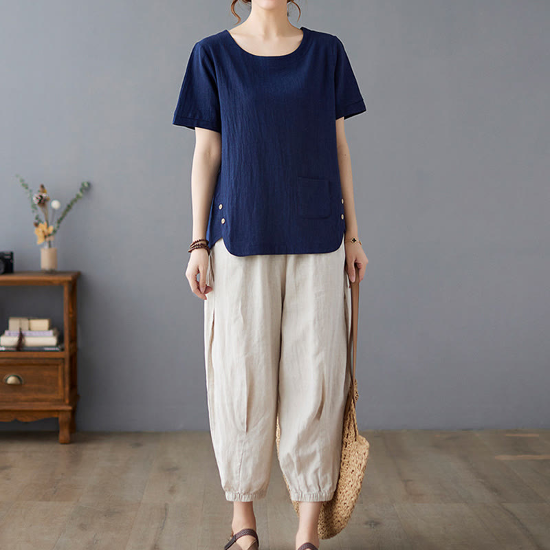 Buddha Stones Side Slit Design Women's Cotton Linen Crew Neck Short Sleeve T-Shirt Wtih Pocket - image 24