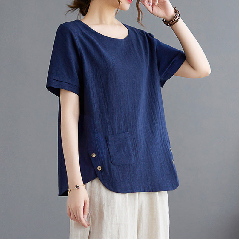 Buddha Stones Side Slit Design Women's Cotton Polyester Crew Neck Short Sleeve T-Shirt Wtih Pocket - image 20