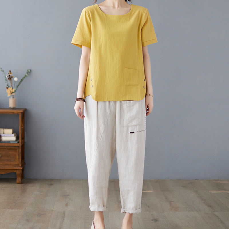 Buddha Stones Side Slit Design Women's Cotton Linen Crew Neck Short Sleeve T-Shirt Wtih Pocket - image 4