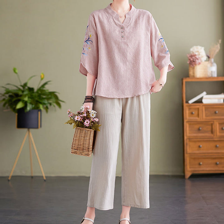 Buddha Stones Summer Embroidery Flower Three Quarter Sleeve Design Women's Cotton Linen  Notched Collar Shirt - image 4