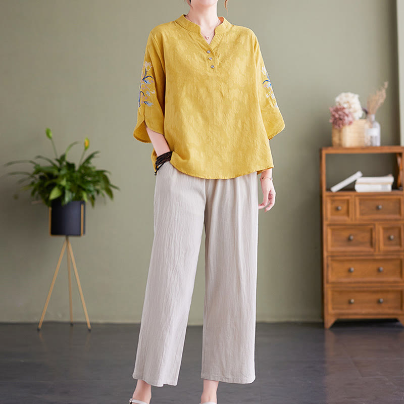 Buddha Stones Summer Embroidery Flower Three Quarter Sleeve Design Women's Cotton Linen  Notched Collar Shirt - image 15