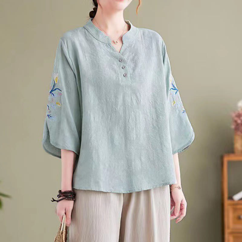 Buddha Stones Summer Embroidery Flower Three Quarter Sleeve Design Women's Cotton Linen  Notched Collar Shirt - PaleTurquoise - US14，UK/AU18，EU46 (4XL) - image 6