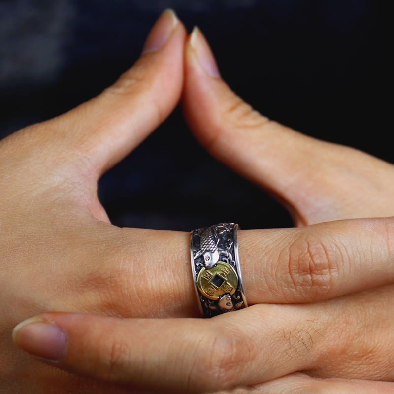 Buddha Stones Adjustable Opening 925 Sterling Silver Lucky Koi Fish Copper Coin Auspicious Clouds Wealth Ring - image 16