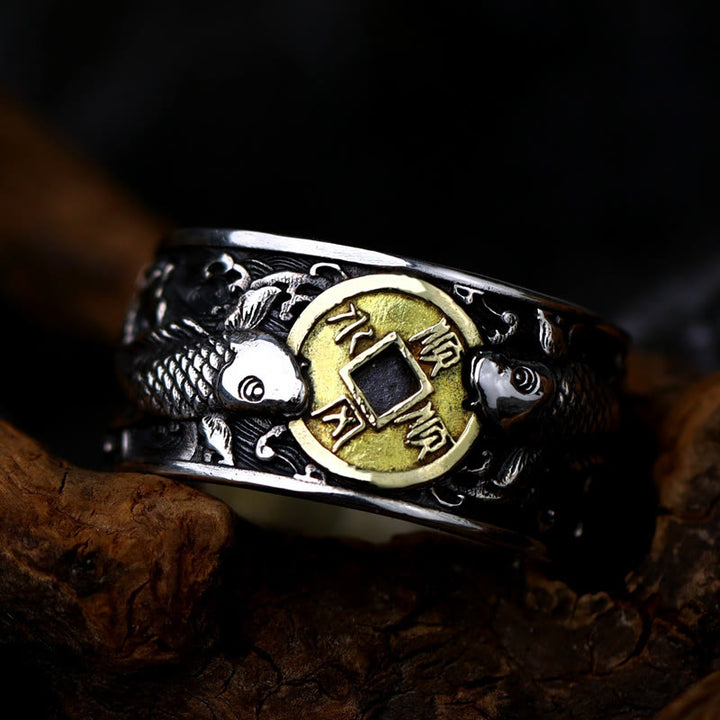 Buddha Stones Adjustable Opening 925 Sterling Silver Lucky Koi Fish Copper Coin Auspicious Clouds Wealth Ring - image 12
