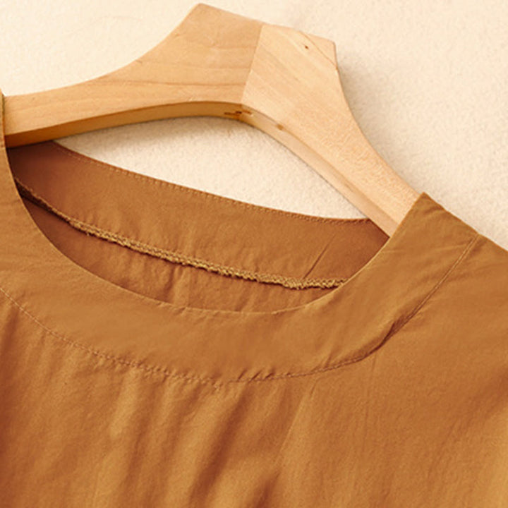 Buddha Stones Summer Plain Crew Neck Simple Short Sleeve Design Midi Dress With Pockets - image 1