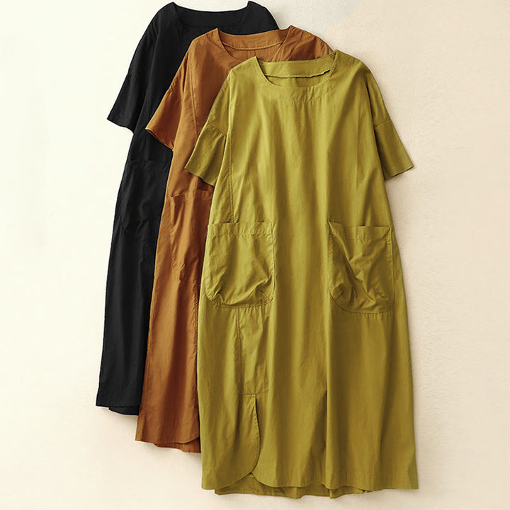 Buddha Stones Summer Plain Crew Neck Simple Short Sleeve Design Midi Dress With Pockets - image 25