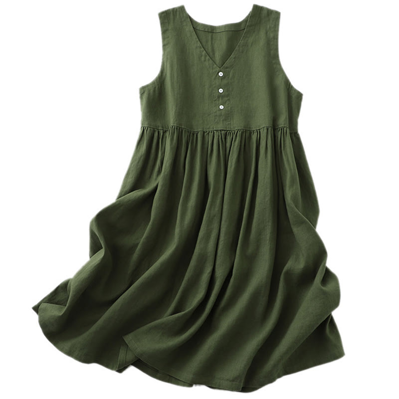 Buddha Stones Daily Casual Pure Color V-Neck Simple Buttons Design Sleeveless Midi Dress - image 16