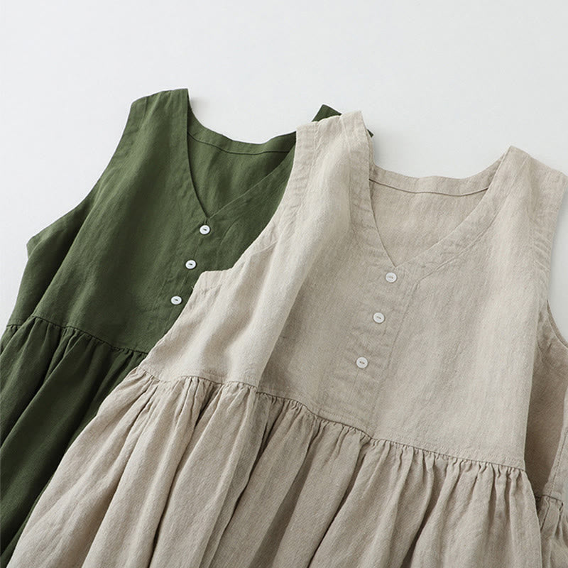 Buddha Stones Daily Casual Pure Color V-Neck Simple Buttons Design Sleeveless Midi Dress - image 18