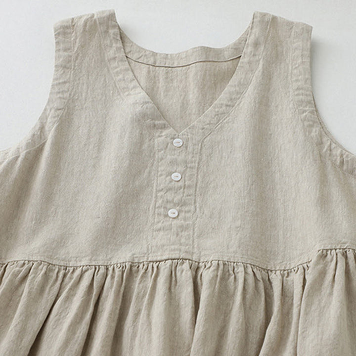 Buddha Stones Daily Casual Pure Color V-Neck Simple Buttons Design Sleeveless Midi Dress - image 2