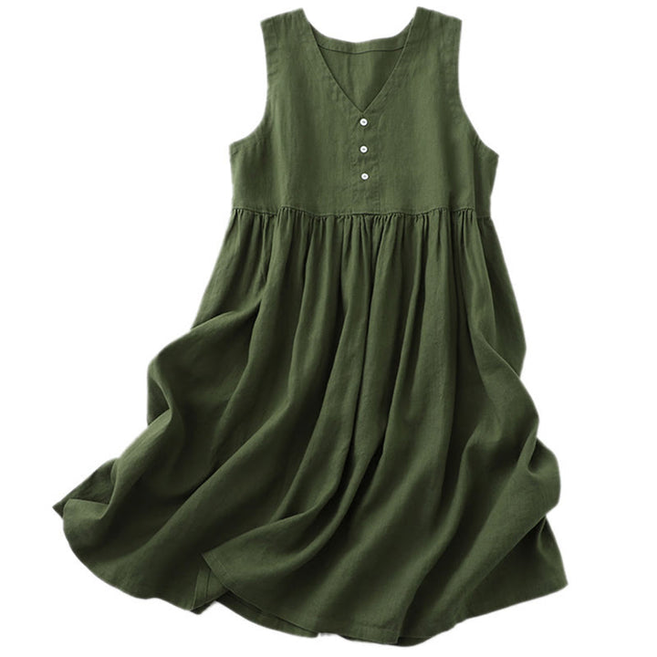 Buddha Stones Daily Casual Pure Color V-Neck Simple Buttons Design Sleeveless Midi Dress - image 16