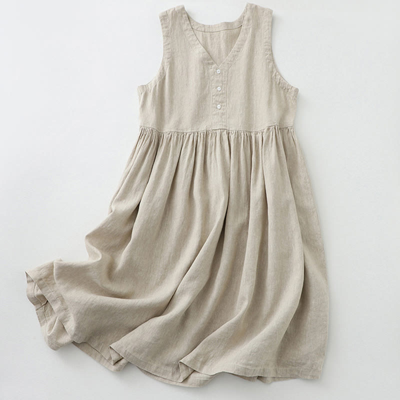 Buddha Stones Daily Casual Pure Color V-Neck Simple Buttons Design Sleeveless Midi Dress - Linen - US12，UK/AU16，EU44 (2XL) - image 0