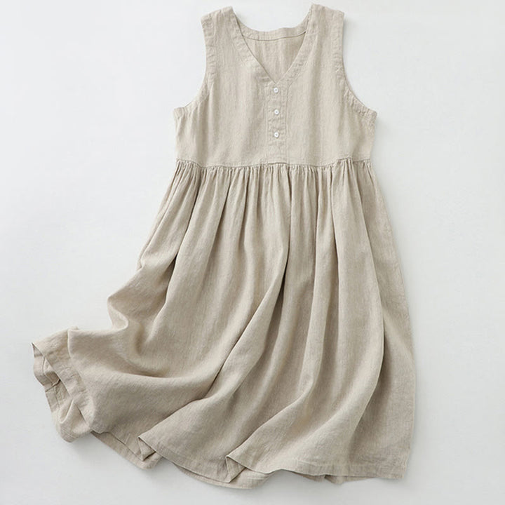 Buddha Stones Daily Casual Pure Color V-Neck Simple Buttons Design Sleeveless Midi Dress - Linen - US12，UK/AU16，EU44 (2XL) - image 0