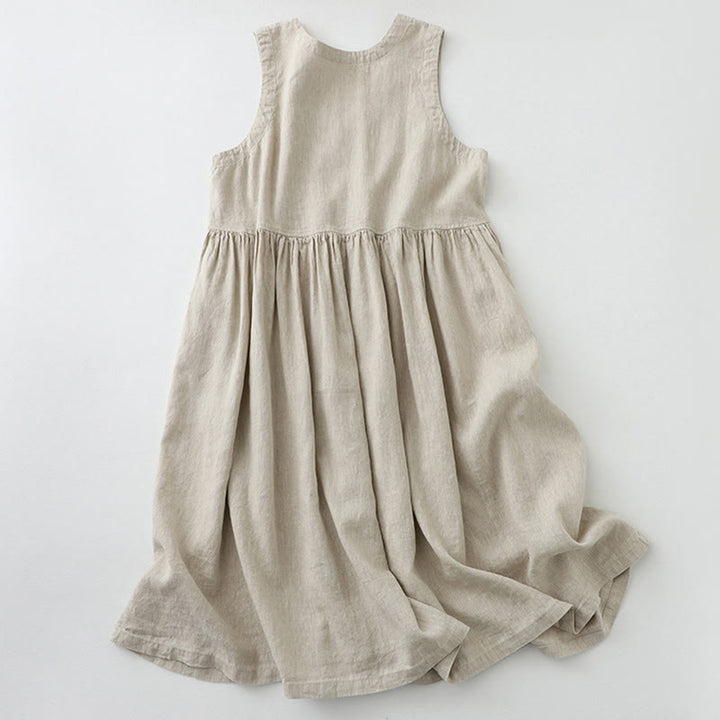 Buddha Stones Daily Casual Pure Color V-Neck Simple Buttons Design Sleeveless Midi Dress - image 1