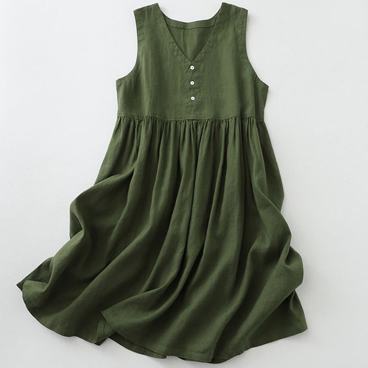 Buddha Stones Daily Casual Pure Color V-Neck Simple Buttons Design Sleeveless Midi Dress - DarkGreen - US12，UK/AU16，EU44 (2XL) - image 10