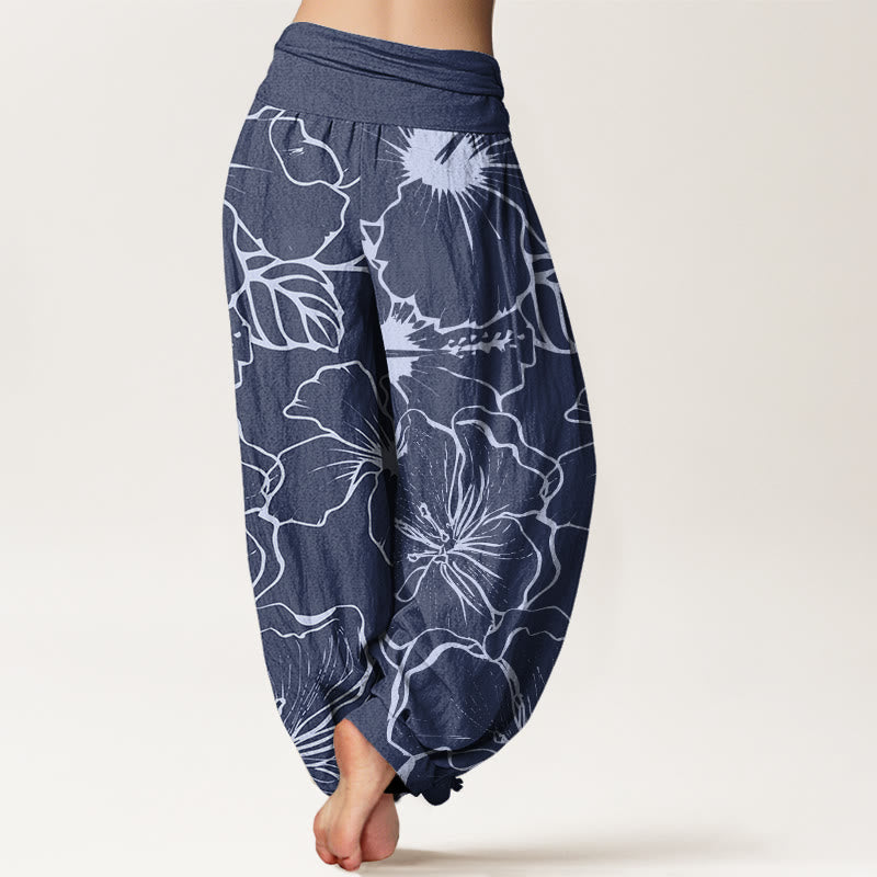 Buddha Stones Cotton Morning Glory Flowers Pattern Design Women's Elastic Waist Harem Pants - image 1