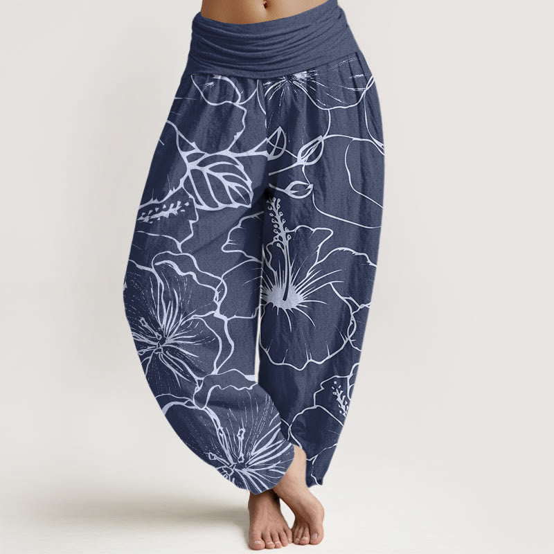 Buddha Stones Morning Glory Flowers Pattern Design Women's Elastic Waist Harem Pants - SteelBlue - US22，UK/AU26，EU54 (6XL) - image 1
