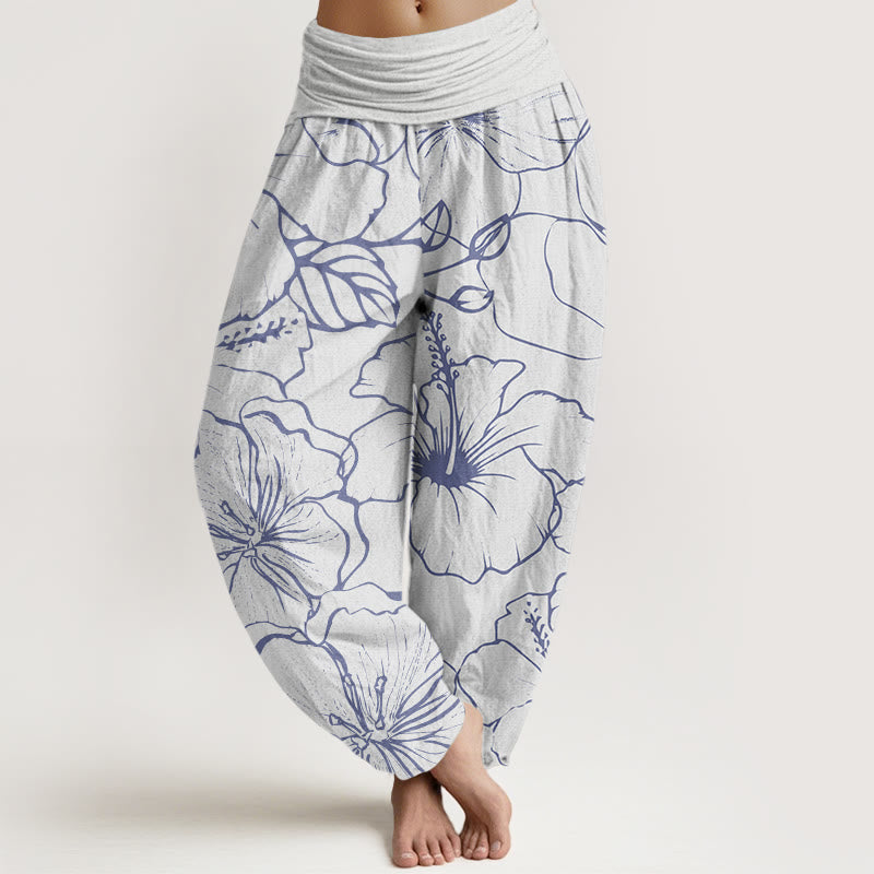 Buddha Stones Morning Glory Flowers Pattern Design Women's Elastic Waist Harem Pants - Snow - US22，UK/AU26，EU54 (6XL) - image 5