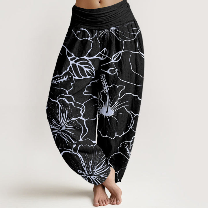 Buddha Stones Morning Glory Flowers Pattern Design Women's Elastic Waist Harem Pants - Black - US22，UK/AU26，EU54 (6XL) - image 8
