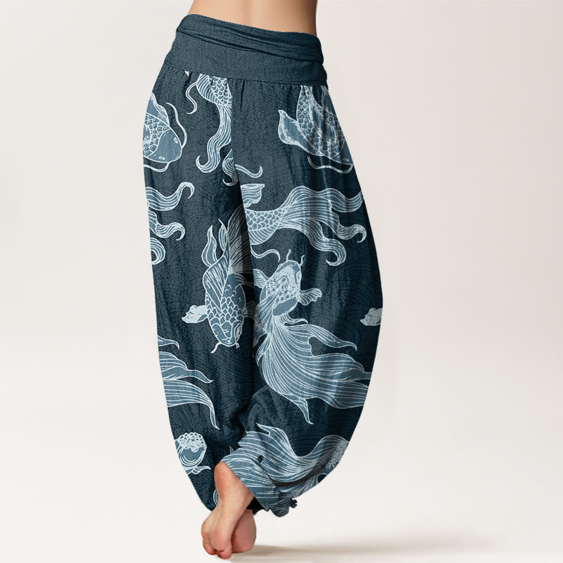 Buddha Stones Koi Fish Waves Pattern Design Women's Elastic Waist Harem Pants - image 2