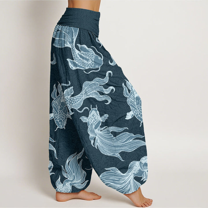 Buddha Stones Koi Fish Waves Pattern Design Women's Elastic Waist Harem Pants - image 3