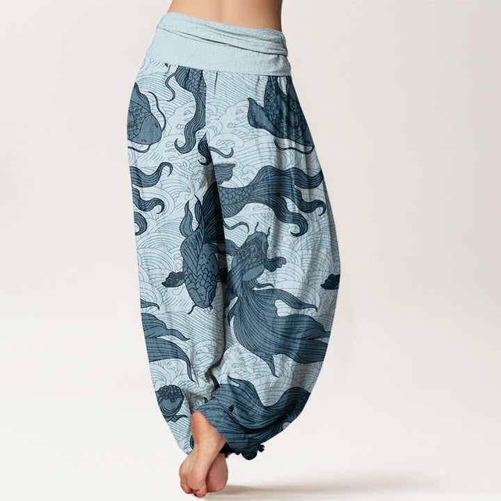 Buddha Stones Koi Fish Waves Pattern Design Women's Elastic Waist Harem Pants - image 6