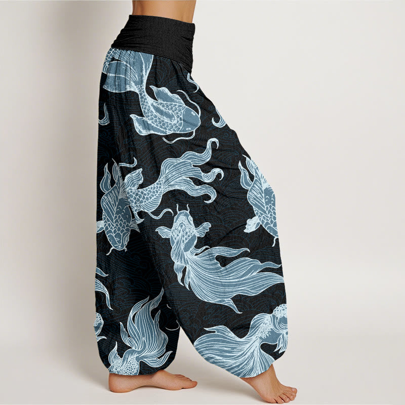 Buddha Stones Koi Fish Waves Pattern Design Women's Elastic Waist Harem Pants - image 10
