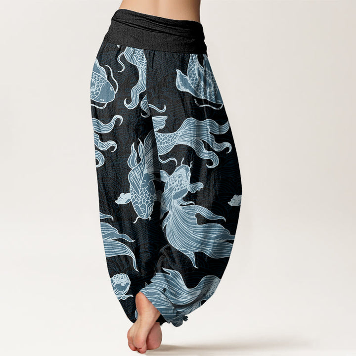 Buddha Stones Koi Fish Waves Pattern Design Women's Elastic Waist Harem Pants - image 9