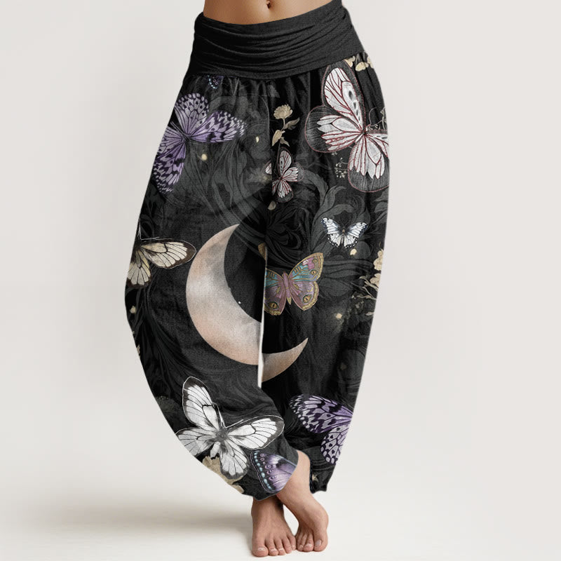 Buddha Stones Butterfly Flowers Crescent Moon Pattern Design Women's Elastic Waist Harem Pants - Black - US22，UK/AU26，EU54 (6XL) - image 1