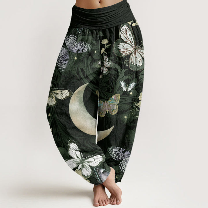 Buddha Stones Butterfly Flowers Crescent Moon Pattern Design Women's Elastic Waist Harem Pants - DarkSlateGray - US22，UK/AU26，EU54 (6XL) - image 5