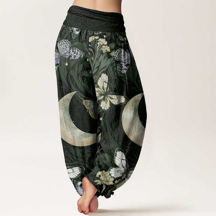 Buddha Stones Cotton Butterfly Flowers Crescent Moon Pattern Design Women's Elastic Waist Harem Pants - image 5