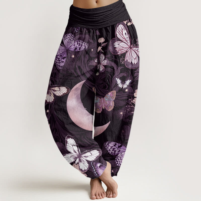Buddha Stones Cotton Butterfly Flowers Crescent Moon Pattern Design Women's Elastic Waist Harem Pants - Plum - US22，UK/AU26，EU54 (6XL) - image 7