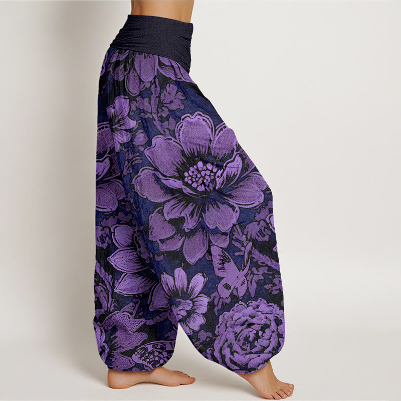Buddha Stones Cotton Peony Flowers Butterfly Pattern Design Women's Elastic Waist Harem Pants - image 2