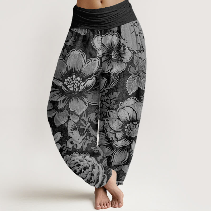 Buddha Stones Cotton Peony Flowers Butterfly Pattern Design Women's Elastic Waist Harem Pants - Black - US22，UK/AU26，EU54 (6XL) - image 4