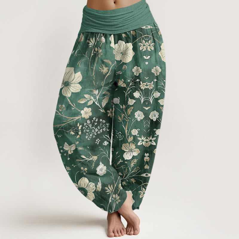 Buddha Stones White Flowers Winding Vines Pattern Design Women's Elastic Waist Harem Pants - MediumAquamarine - US22，UK/AU26，EU54 (6XL) - image 1