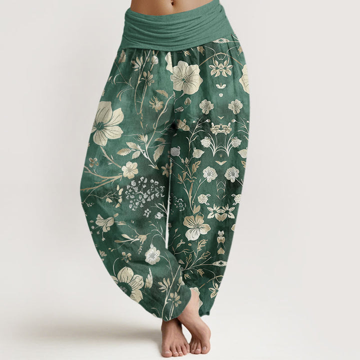 Buddha Stones Cotton White Flowers Winding Vines Pattern Design Women's Elastic Waist Harem Pants - MediumAquamarine - US22，UK/AU26，EU54 (6XL) - image 0