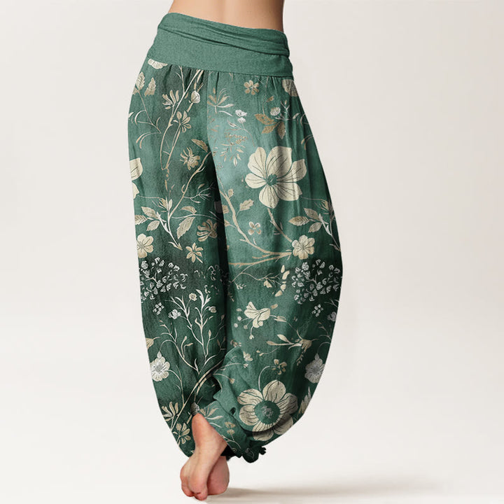 Buddha Stones Cotton White Flowers Winding Vines Pattern Design Women's Elastic Waist Harem Pants - image 1