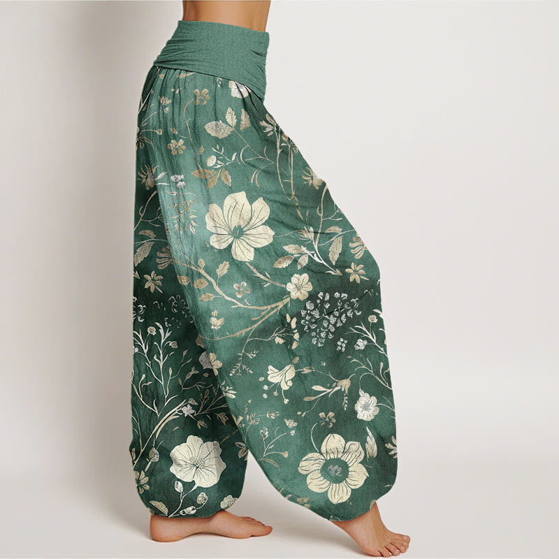 Buddha Stones White Flowers Winding Vines Pattern Design Women's Elastic Waist Harem Pants - image 3