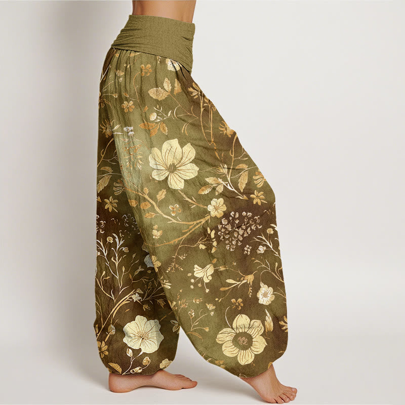 Buddha Stones White Flowers Winding Vines Pattern Design Women's Elastic Waist Harem Pants - image 7