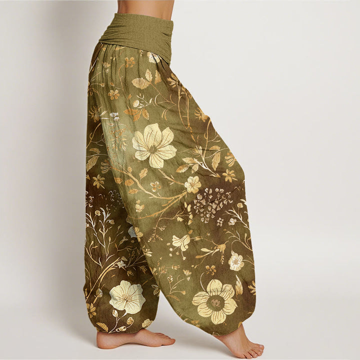 Buddha Stones Cotton White Flowers Winding Vines Pattern Design Women's Elastic Waist Harem Pants - image 6