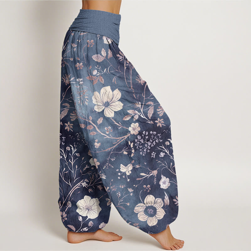 Buddha Stones Cotton White Flowers Winding Vines Pattern Design Women's Elastic Waist Harem Pants - image 9