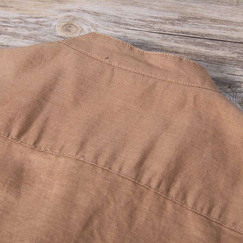 Buddha Stones Daily Plain Patch Color Matching Design Men's Short Sleeve Cotton Linen Shirt - image 11