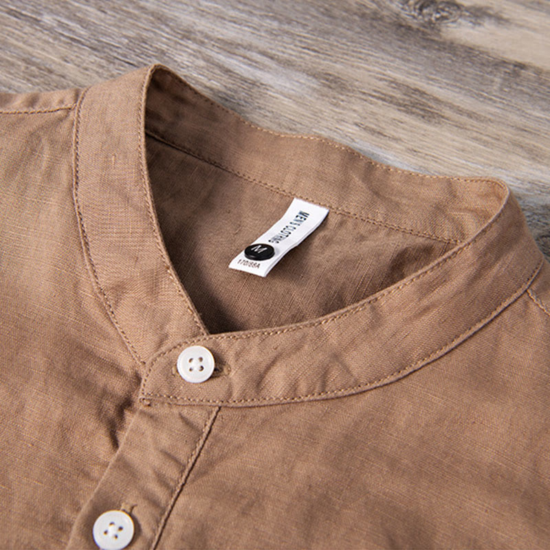 Buddha Stones Daily Plain Patch Color Matching Design Men's Short Sleeve Cotton Linen Shirt - image 10