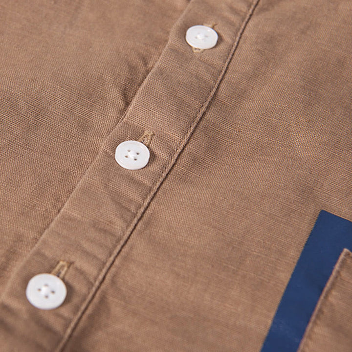 Buddha Stones Daily Plain Patch Color Matching Design Men's Short Sleeve Cotton Linen Shirt - image 13