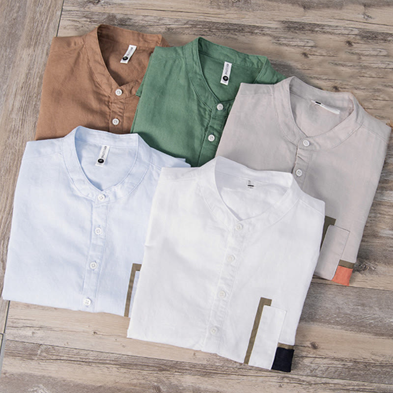 Buddha Stones Daily Plain Patch Color Matching Design Men's Short Sleeve Cotton Linen Shirt - image 17