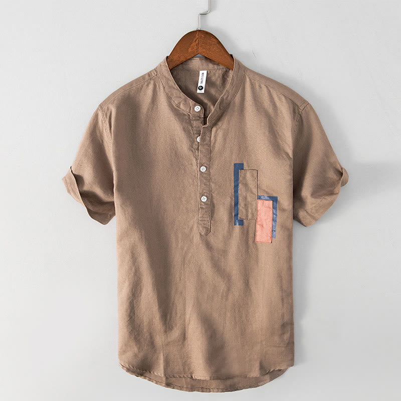 Buddha Stones Daily Plain Patch Color Matching Design Men's Short Sleeve Cotton Linen Shirt - Peru - US/UK/AU42，EU52 (3XL) - image 9