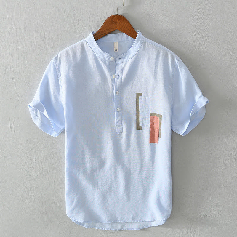 Buddha Stones Daily Plain Patch Color Matching Design Men's Short Sleeve Cotton Linen Shirt - LightSkyBlue - US/UK/AU42，EU52 (3XL) - image 8